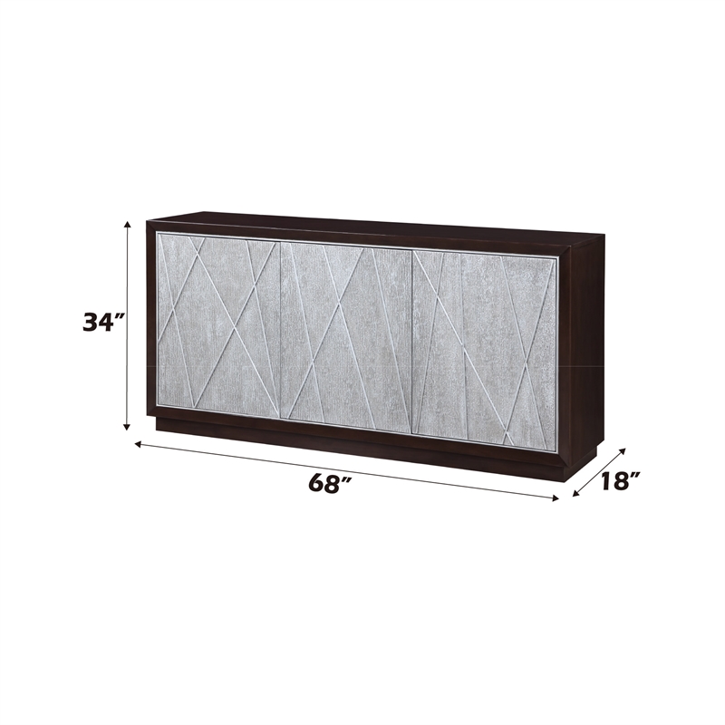 Bowery Hill Wood 3-Door Console Cabinet in Metallic Silver & Walnut