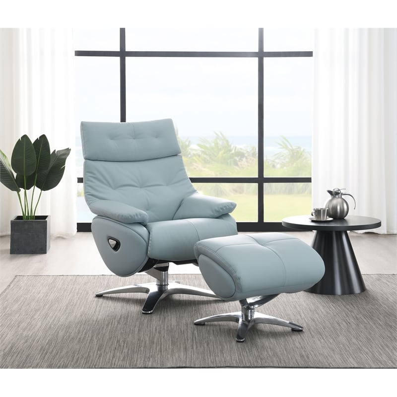 Bowery Hill Leather Upholstered Swivel Accent Chair with Ottoman in Baby Blue