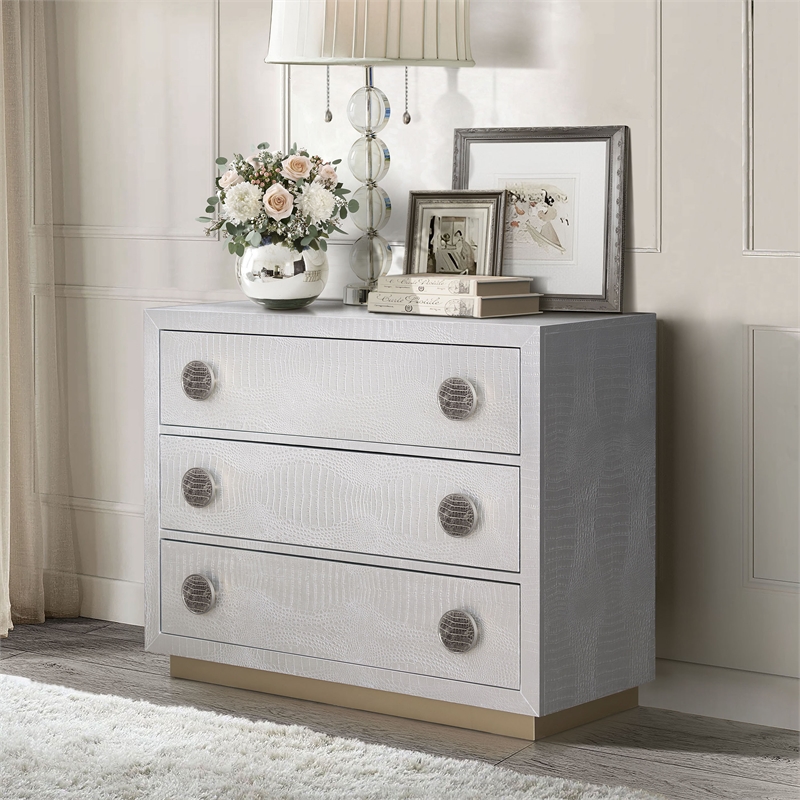 Bowery Hill Wood 3-Drawer Console Cabinet with Faux Crocodile Skin in Silver