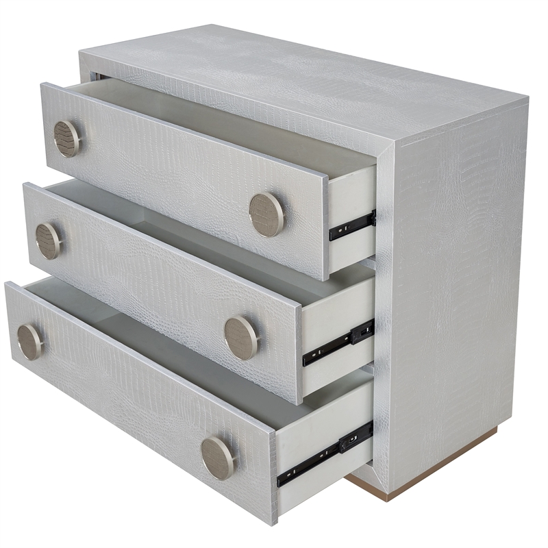 Bowery Hill Wood 3-Drawer Console Cabinet with Faux Crocodile Skin in Silver