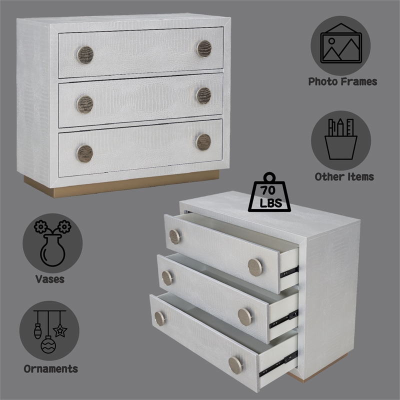 Bowery Hill Wood 3-Drawer Console Cabinet with Faux Crocodile Skin in Silver