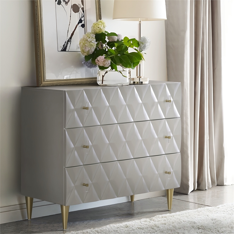 Bowery Hill Wood 3-Drawer Console Cabinet in Metallic Silver & Champagne
