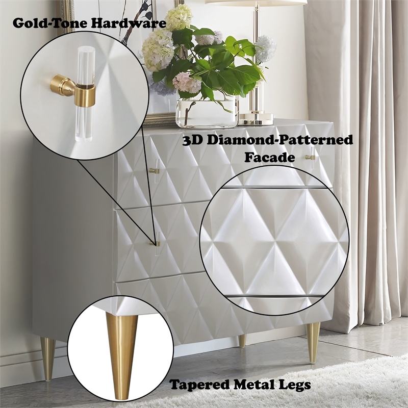 Bowery Hill Wood 3-Drawer Console Cabinet in Metallic Silver & Champagne