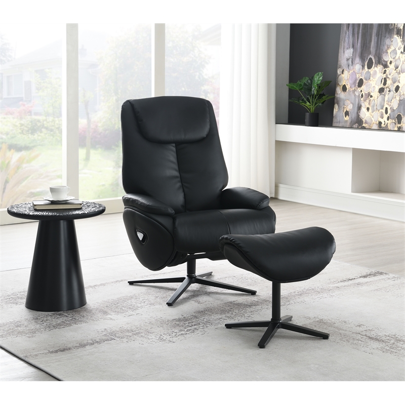 Bowery Hill Leather Upholstered Accent Chair with Swivel and Ottoman in Black