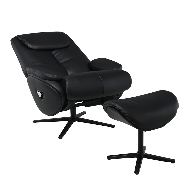 Bowery Hill Leather Upholstered Accent Chair with Swivel and Ottoman in Black
