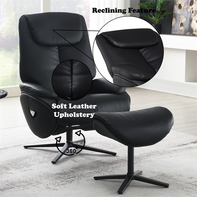 Bowery Hill Leather Upholstered Accent Chair with Swivel and Ottoman in Black