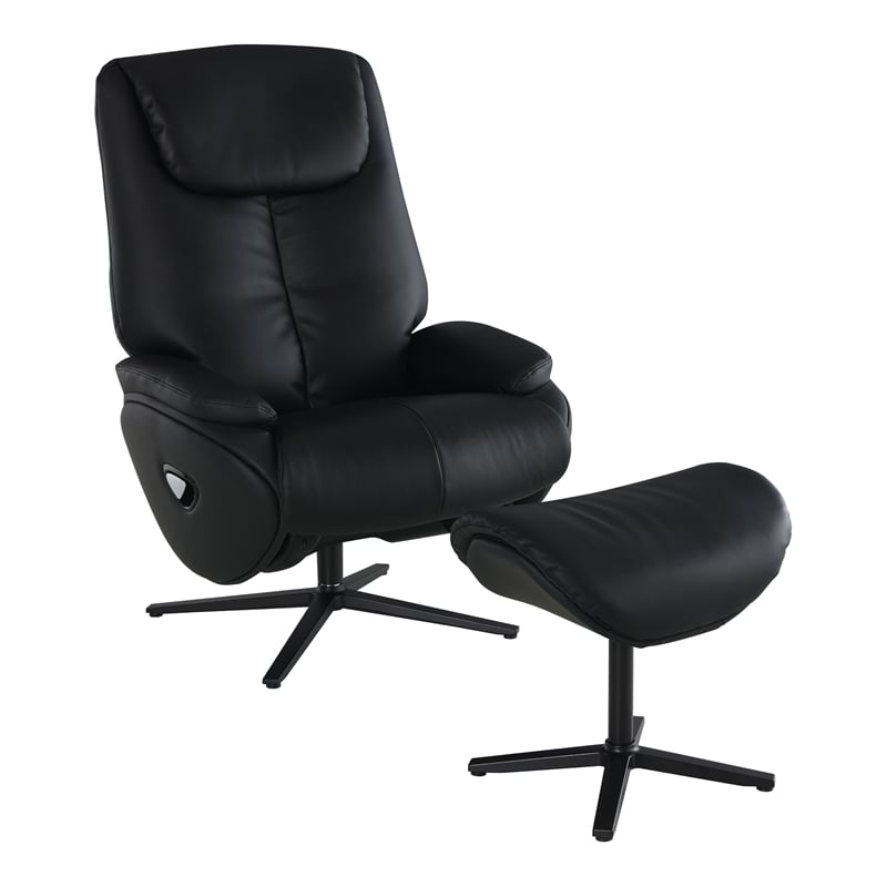 Bowery Hill Leather Upholstered Accent Chair with Swivel and Ottoman in Black