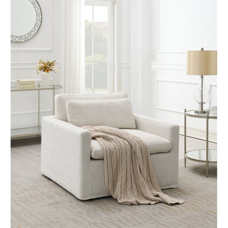 Bowery Hill Contemporary Fabric Upholstered Swivel Chair with Pillow in Ivory