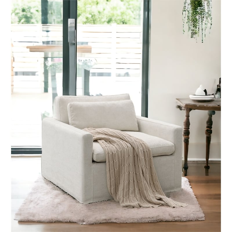 Bowery Hill Contemporary Fabric Upholstered Swivel Chair with Pillow in Ivory