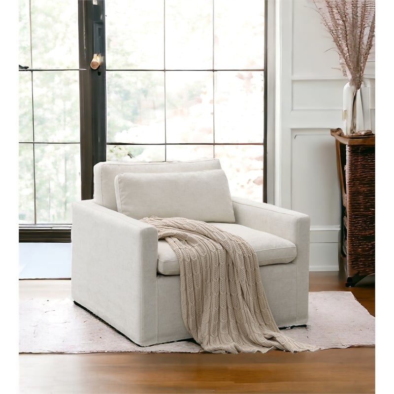 Bowery Hill Contemporary Fabric Upholstered Swivel Chair with Pillow in Ivory
