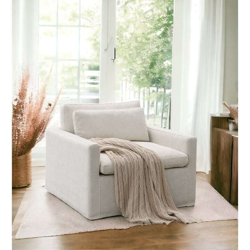 Bowery Hill Contemporary Fabric Upholstered Swivel Chair with Pillow in Ivory