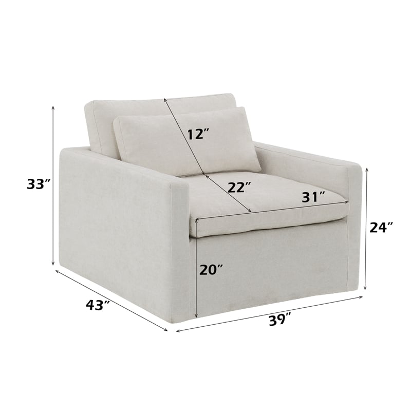 Bowery Hill Contemporary Fabric Upholstered Swivel Chair with Pillow in Ivory