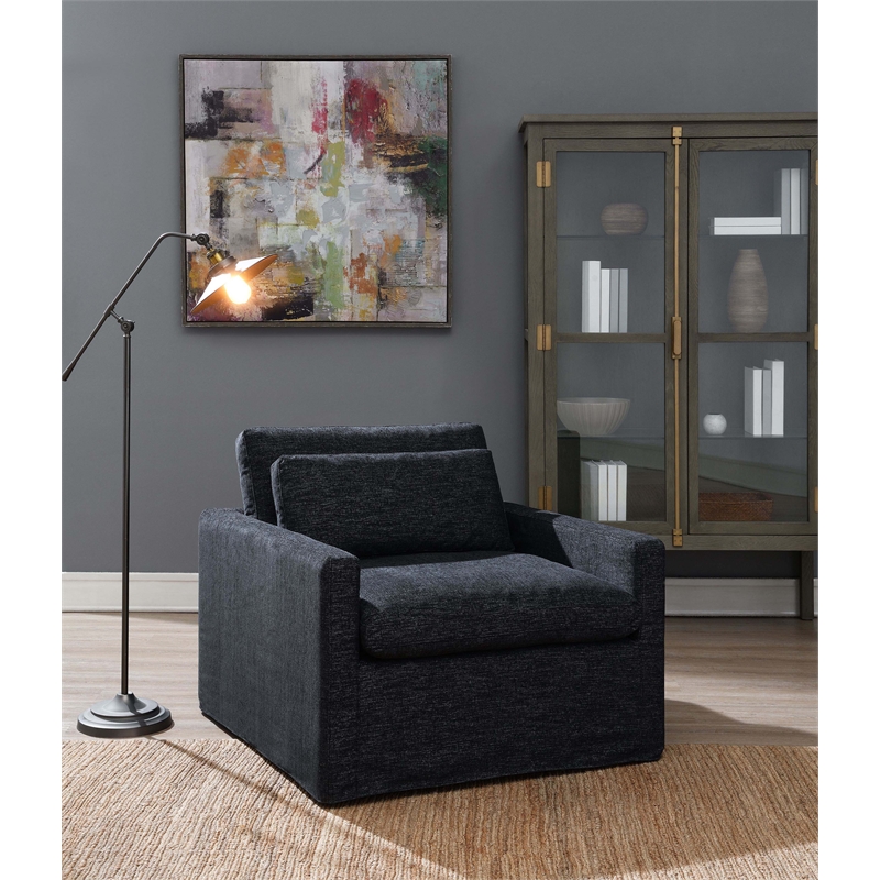 Bowery Hill Fabric Upholstered Swivel Chair with Pillow in Dark Gray