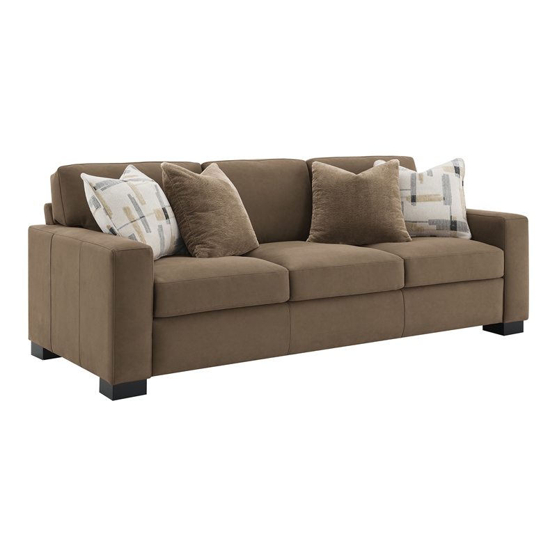 Bowery Hill Transitional Fabric Upholstered Sofa with 4 Pillows in Brown