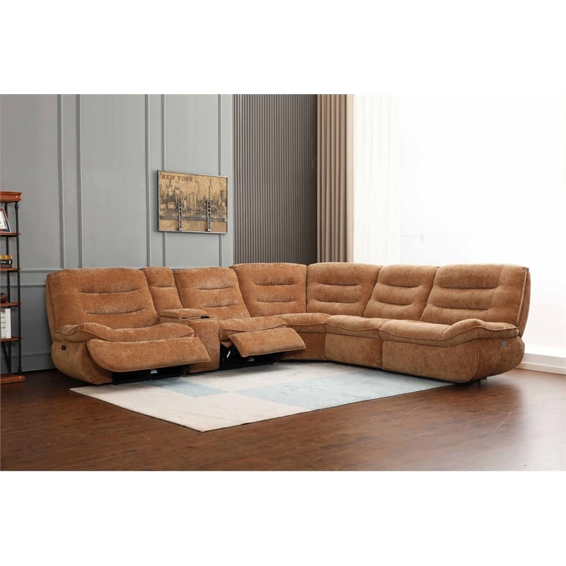 Bowery Hill Chenille Fabric Power Motion Sectional Sofa with USB Port in Orange