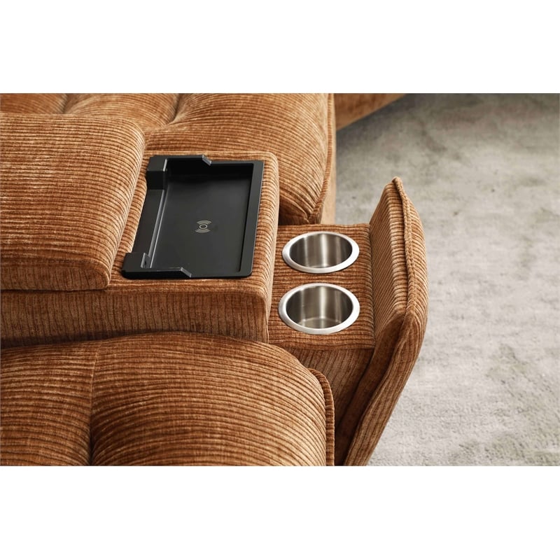 Bowery Hill Chenille Fabric Power Motion Sectional Sofa with USB Port in Orange
