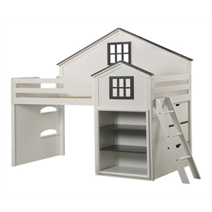 Bowery Hill Wood House-Shaped Loft Bed with Built-in Bookshelf in White & Gray