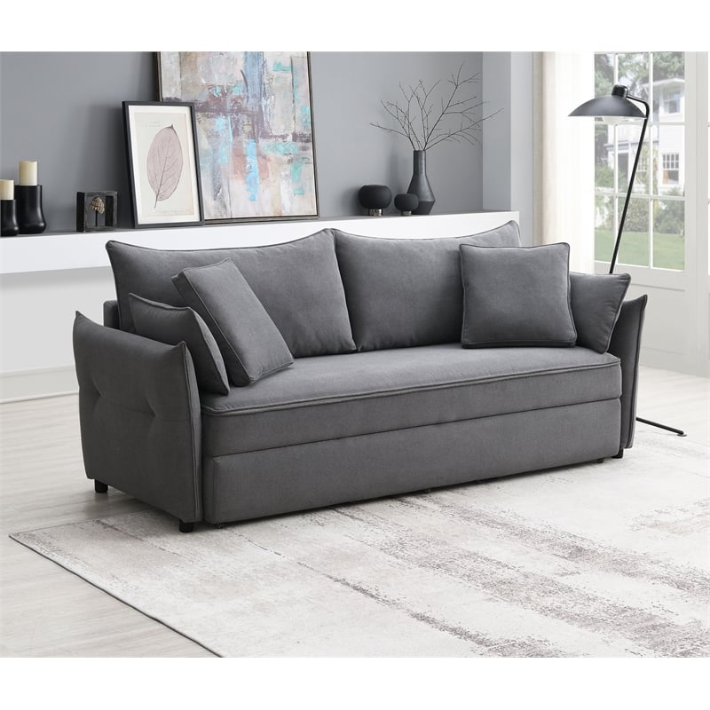 Bowery Hill Fabric Upholstered Sofa with Pull-Out Sleeper and 4 Pillows in Gray