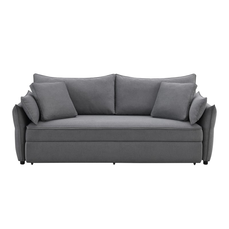 Bowery Hill Fabric Upholstered Sofa with Pull-Out Sleeper and 4 Pillows in Gray