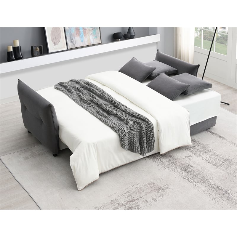 Bowery Hill Fabric Upholstered Sofa with Pull-Out Sleeper and 4 Pillows in Gray