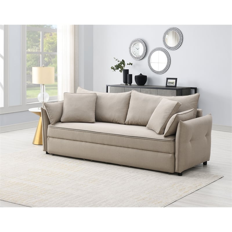 Bowery Hill Fabric Upholstered Sofa with Full Size Sleeper & 4 Pillows in Beige