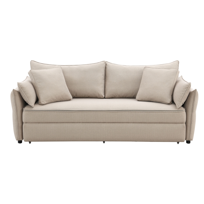 Bowery Hill Fabric Upholstered Sofa with Full Size Sleeper & 4 Pillows in Beige