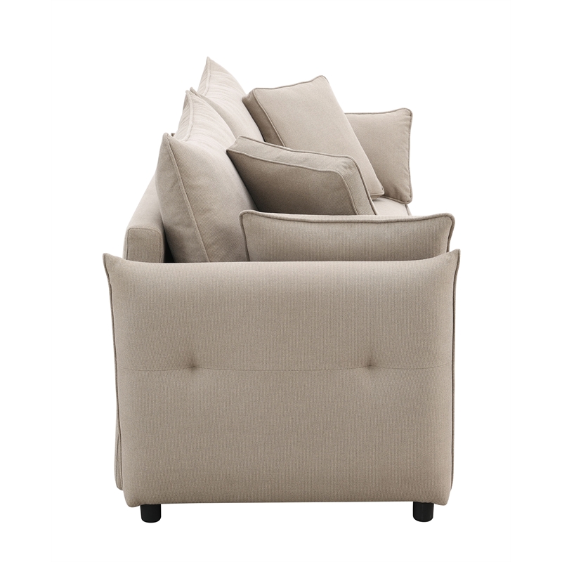 Bowery Hill Fabric Upholstered Sofa with Full Size Sleeper & 4 Pillows in Beige