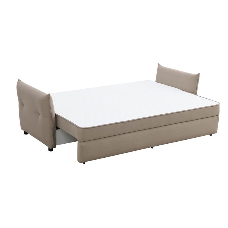 Bowery Hill Fabric Upholstered Sofa with Full Size Sleeper & 4 Pillows in Beige