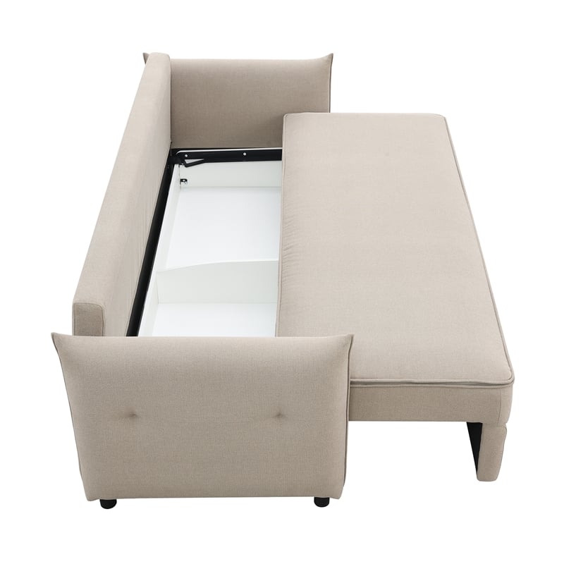 Bowery Hill Fabric Upholstered Sofa with Full Size Sleeper & 4 Pillows in Beige