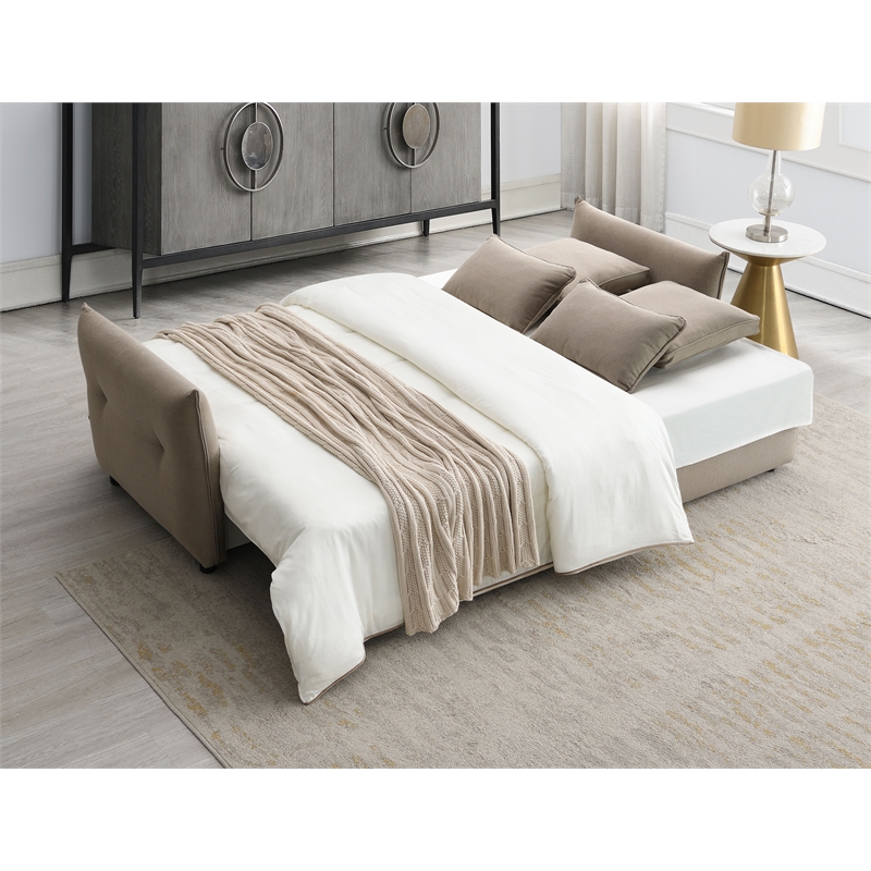 Bowery Hill Fabric Upholstered Sofa with Full Size Sleeper & 4 Pillows in Beige