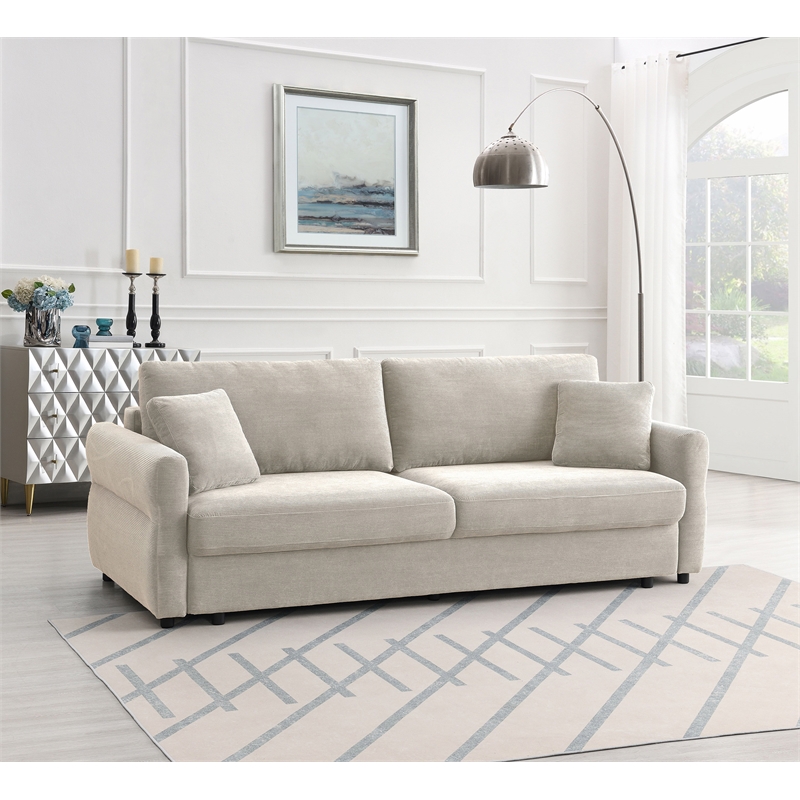 Bowery Hill Fabric Upholstered Sofa with Queen Size Sleeper & 2 Pillows in Beige