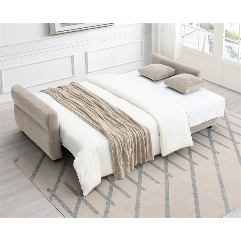 Bowery Hill Fabric Upholstered Sofa with Queen Size Sleeper & 2 Pillows in Beige