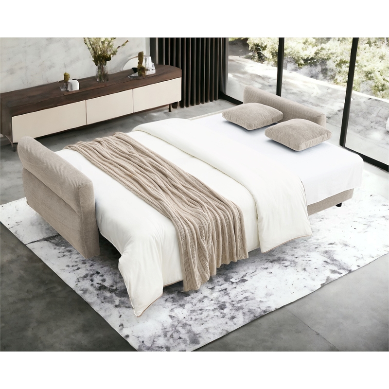 Bowery Hill Fabric Upholstered Sofa with Queen Size Sleeper & 2 Pillows in Beige