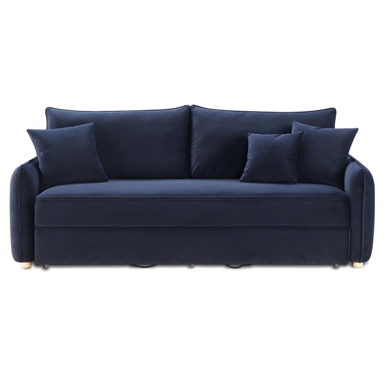 Bowery Hill Velvet Fabric Upholstered Sofa with Sleeper and 3 Pillows in Blue