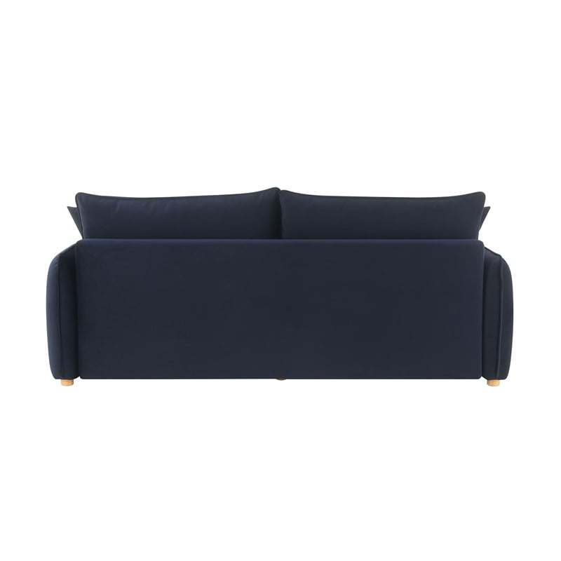 Bowery Hill Velvet Fabric Upholstered Sofa with Sleeper and 3 Pillows in Blue