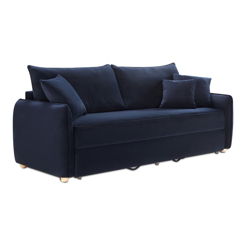 Bowery Hill Velvet Fabric Upholstered Sofa with Sleeper and 3 Pillows in Blue