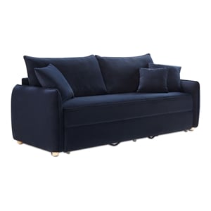 Bowery Hill Velvet Fabric Upholstered Sofa with Sleeper and 3 Pillows in Blue
