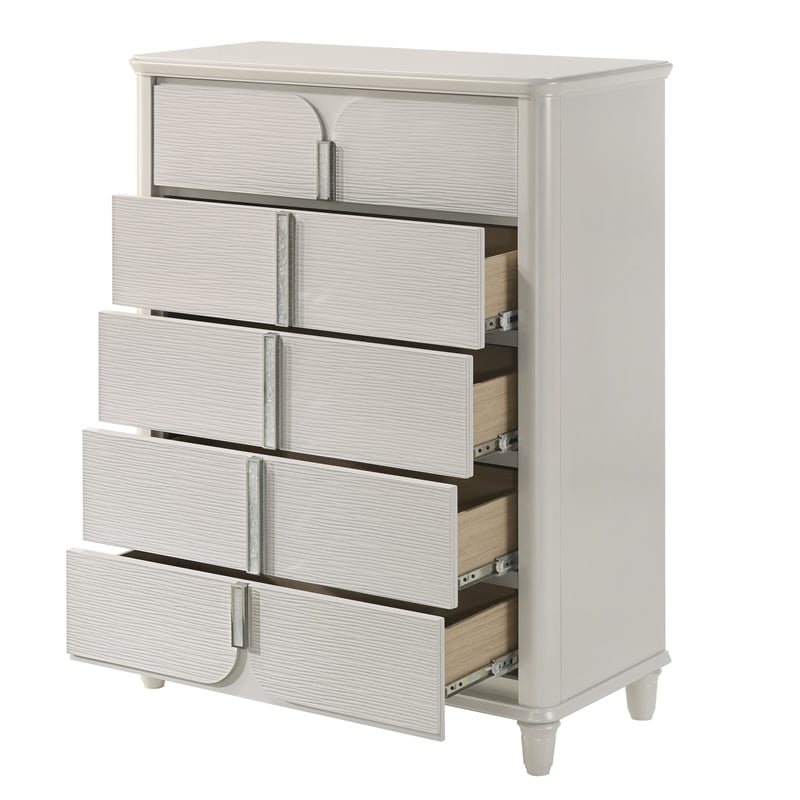 Bowery Hill Wood 5-Drawer Chest with Acrylic Legs in Pearl White