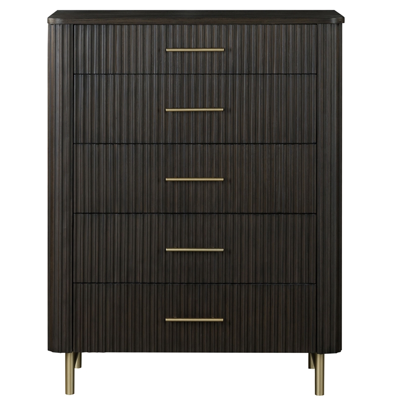 Bowery Hill Wood 5-Drawer Chest with Gold Metal Legs in Espresso