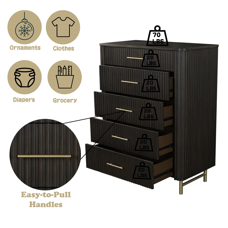Bowery Hill Wood 5-Drawer Chest with Gold Metal Legs in Espresso