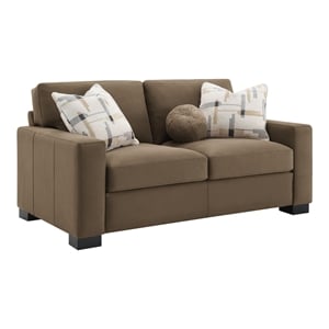 Bowery Hill Transitional Fabric Upholstered Loveseat with 3 Pillows in Brown