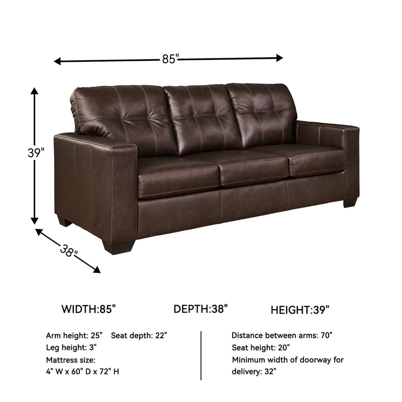Bowery Hill Top Grain Leather Brown Sofa Sleeper Rectangular Pull-Out Memory Foam Mattress 85