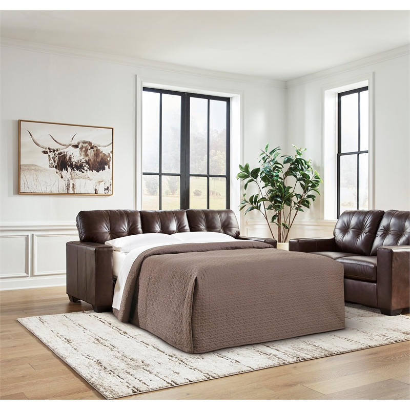 Bowery Hill Top Grain Leather Brown Sofa Sleeper Rectangular Pull-Out Memory Foam Mattress 85