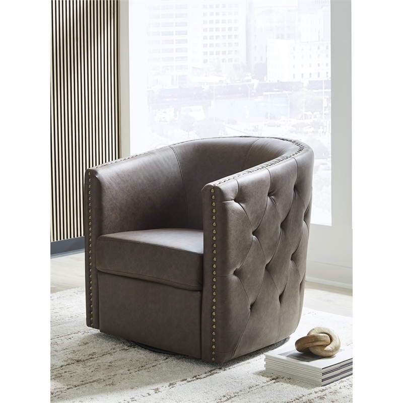 Bowery Hill Contemporary Faux Leather Brown Finish Swivel Accent Chair