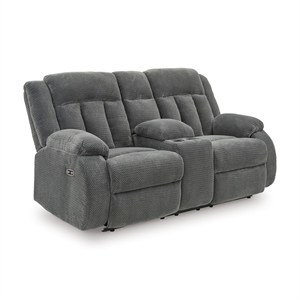 Bowery Hill Contemporary Polyester Gray Power Reclining Loveseat with Console