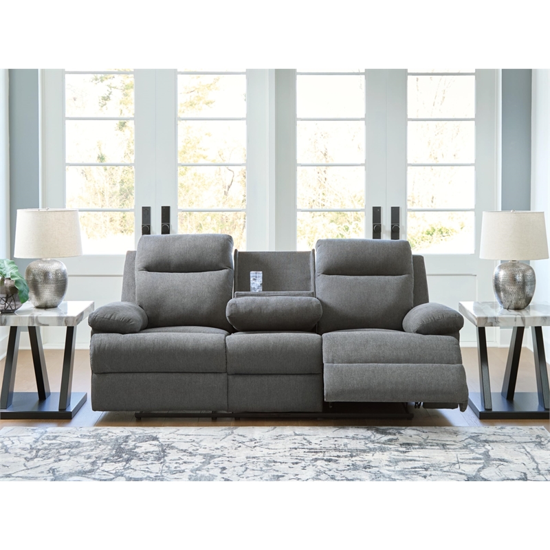 Bowery Hill Contemporary Polyester Gray Reclining Sofa with Drop Down Table