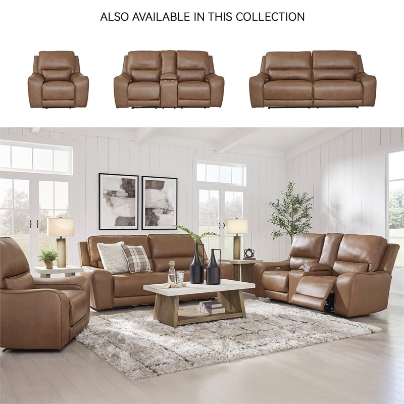 Bowery Hill Contemporary Leather Brown Power Reclining Loveseat
