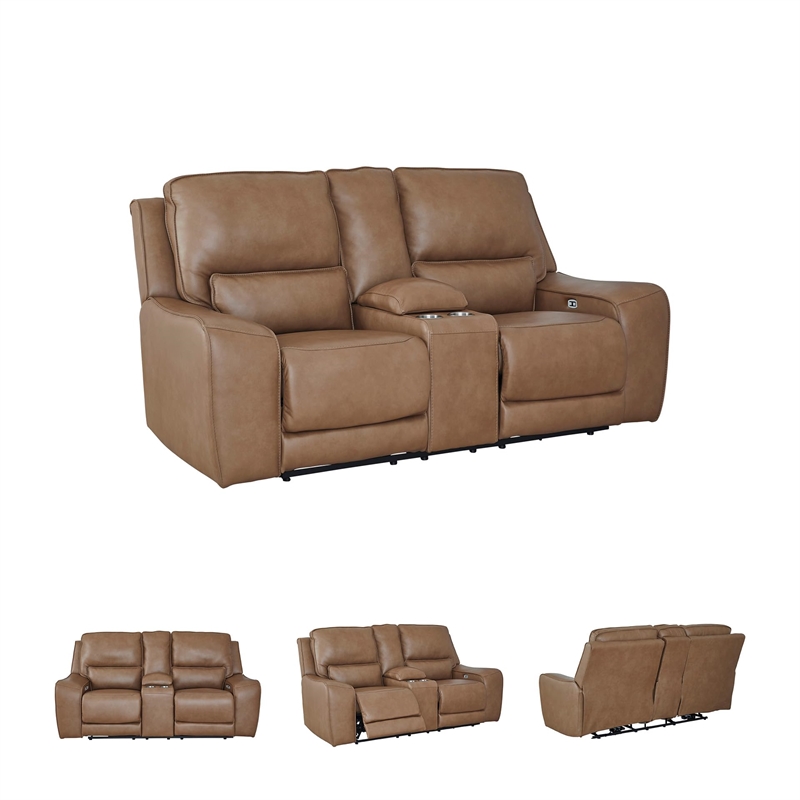 Bowery Hill Contemporary Leather Brown Power Reclining Loveseat