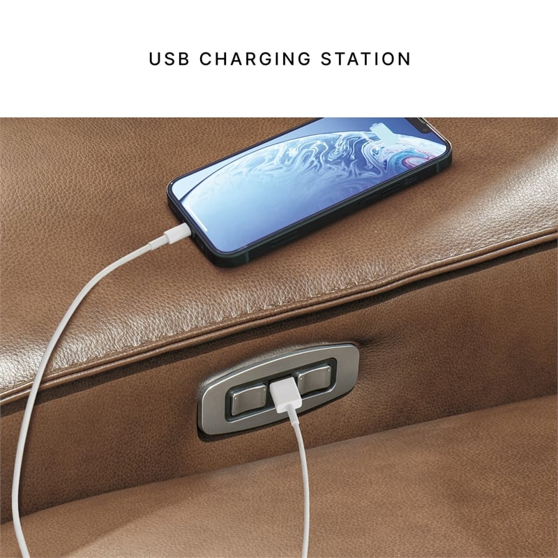 Bowery Hill Contemporary Leather Brown Power Reclining Loveseat