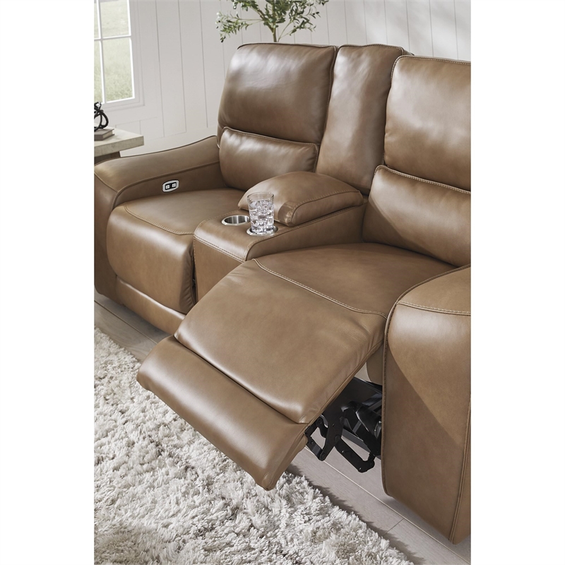 Bowery Hill Contemporary Leather Brown Power Reclining Loveseat